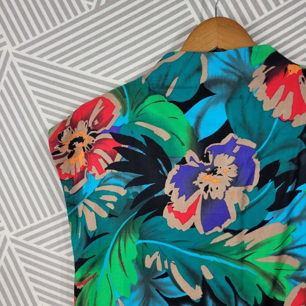 Vintage 60s Sheath Dress Sz Medium Large Floral Party Tropical Hawaiian Green - Picture 2 of 5